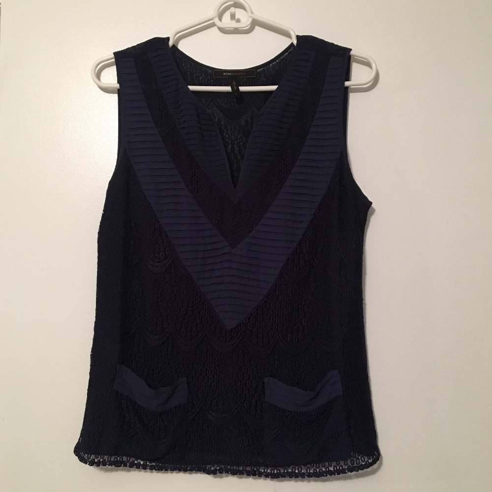 V-Neck Silk Navy Top with Lace and Detail Overlay